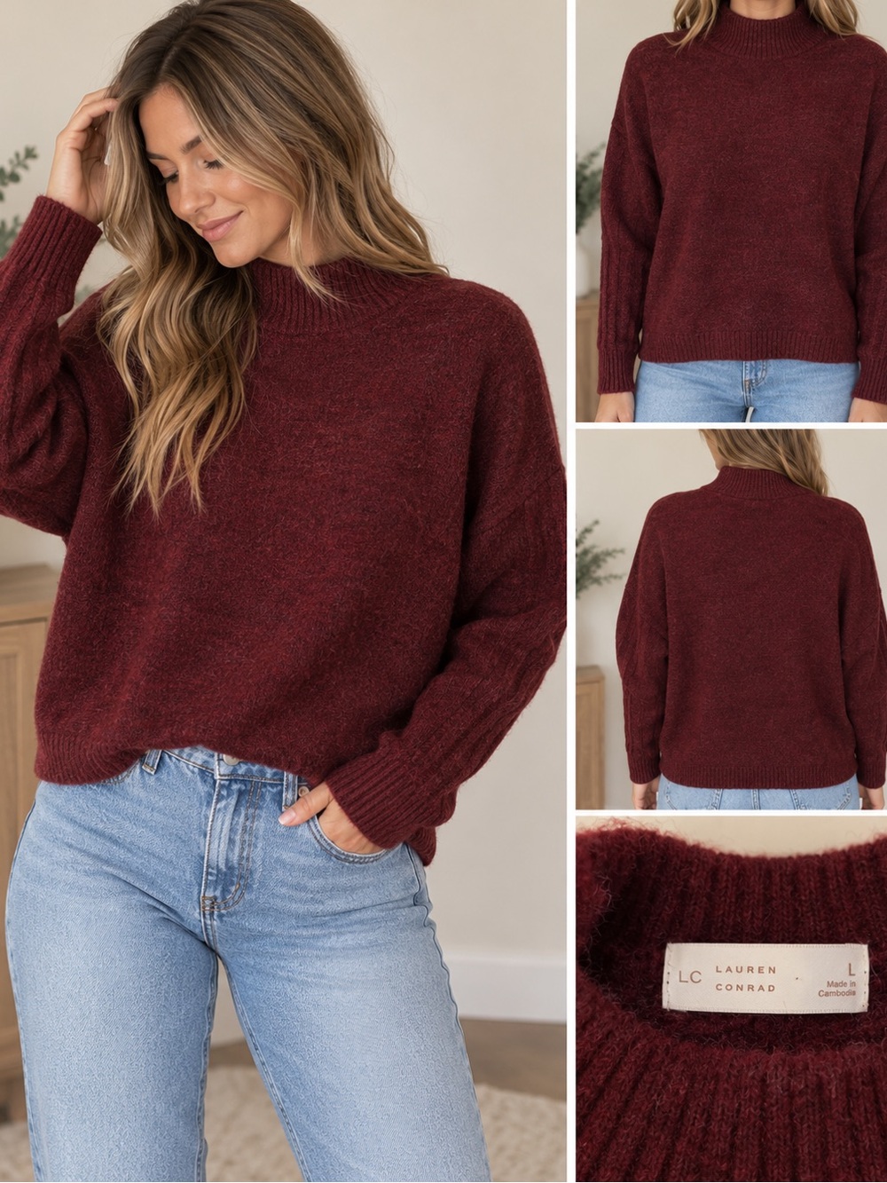LC Lauren Conrad Cozy Mock Neck Sweater in Burgundy
